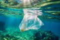 Discarded plastic bag drifting in a tropical blue ocean. Underwater pollution concept. Generative AI Royalty Free Stock Photo