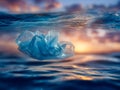 A discarded plastic bag floating beneath the ocean surface at sunset symbolizing environmental pollution and the urgent need for Royalty Free Stock Photo