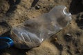 Discarded Plastic Bottle Crumpled on Sand Beach Pollution and Environmental Waste Royalty Free Stock Photo