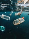 Discarded plastic bottles floating in ocean water creating pollution and environmental issues underwater view Royalty Free Stock Photo