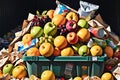 Discarded Symphony: Overripe Fruits and Unopened Canned Goods Amidst Crumpled Papers in an Overflowing Dumpster Royalty Free Stock Photo