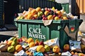 Discarded Symphony: Overripe Fruits and Unopened Canned Goods Amidst Crumpled Papers in an Overflowing Dumpster Royalty Free Stock Photo