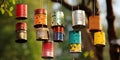 Discarded tin cans creatively stacked and turned into a wind chime, concept of Upcycled art