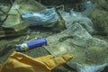 Discarded used medical face mask along with other plastic debris lies on the seabed. Becici, Budva Municipality, Montenegro