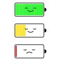 Discharged battery and fully charged smartphone, charge level indicators. Funny character. Vector cartoon flat design Royalty Free Stock Photo