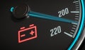 Discharged battery warning light in car dashboard. 3D rendered illustration