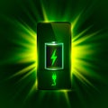 Discharged and fully charged battery phone. green background