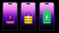 Discharged and fully charged battery smartphone. Set of battery charge level indicators. Icon isolated on black Royalty Free Stock Photo