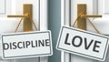 Discipline or love as a choice in life - pictured as words Discipline, love on doors to show that Discipline and love are