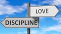 Discipline and love as a choice - pictured as words Discipline, love on road signs to show that when a person makes decision he