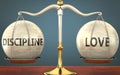 Discipline and love staying in balance - pictured as a metal scale with weights and labels discipline and love to symbolize