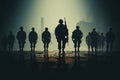 Disciplined army soldiers shadows in a minimalist side silhouette style