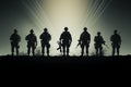 Disciplined army soldiers shadows in a minimalist side silhouette style