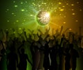 Disco ball background. Dancing people