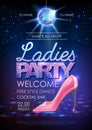 Disco ball background. Disco ladies party poster. Womens day party