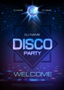 Disco ball background. Neon sign Disco party poster. Royalty Free Stock Photo