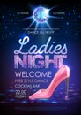 Disco ball background. Disco party poster ladies night. Womens day party