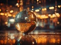 A disco ball on a bar counter, reflecting light in a blurred bar background.