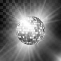 Disco ball with bright rays and bokeh. Music and dance night party background. Abstract night club retro background 80s and 90s.