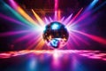 Disco ball, colorful rays of light emanate from the disco ball, bright cinematic style Royalty Free Stock Photo