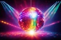 Disco ball, colorful rays of light emanate from the disco ball, bright cinematic style Royalty Free Stock Photo