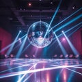 Disco Ball Creates Blue Light Patterns on an Empty Dance Floor with Chairs lights party Royalty Free Stock Photo