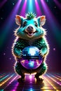 A disco ball with cute hedgehog, rocking the dance floor, fantasy, cartoon, printable, digital art