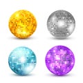 Disco ball isolated set illustration. Night Club party light element. Bright mirror golden ball design for disco dance club Royalty Free Stock Photo