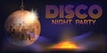 Disco ball. Night dance. Discotheque poster. Neon glowing. Glamour party flyer. Club celebration with music. Sparkling