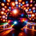 Disco ball, party light accessory, bright glowing sparkling sphere