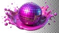 Disco ball with purple splash, party element, vibrant sphere, entertainment design png transparent image Generative AI