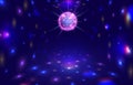 Disco ball rays. Dance floor room with mirror ball reflections, night club stage lights and party vector background