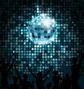 Disco Ball with Silhouettes of People Dance. Party Glowing Lights Background Royalty Free Stock Photo