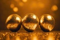 Disco balls image in gold on golden background. Generative AI Royalty Free Stock Photo