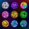 Disco balls vector illustration of discotheque dance and music party equipment round shiny entertainment.