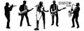 Disco Musicians Silhouettes Set. Girl singing, men playing on trumpet, keytar, electric guitar, saxophone.