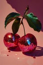 Disco Cherry Delight: Whimsical Fruits Dance in Pink Light. Generative ai Royalty Free Stock Photo