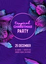 Disco Christmas Tropic Party Vector Poster, New Year Summer Holiday Flyer, Neon monstera palm leaves design