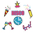 Disco club party stickers set, patch, symbols Royalty Free Stock Photo