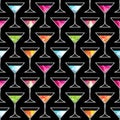 Disco cocktail party seamless pattern with trendy Martini glass on a black background with watercolor elements. Flyer or