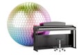 Disco concert concept. Digital piano with mirror disco ball, 3D rendering