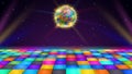 Disco dance floor. Retro party scene with LED squares grid glowing floor, disco ball and starry night sky vector background Royalty Free Stock Photo