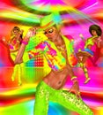 Disco dance party girls on a colorful background and dance floor. Royalty Free Stock Photo