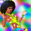 Disco dancing club girl with afro set against a blurred abstract background.