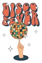 Disco fever. Disco ball on the finger of your hand. Groovy. Clockwork elements in a retro hippie 70's style.