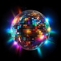 Disco Fever: Shiny Colorful Ball Illuminating a Black Background. Generative ai