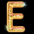 Disco font, letter E from golden glitter mirror facets. 3D rendering