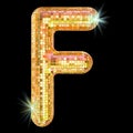 Disco font, letter F from golden glitter mirror facets. 3D rendering