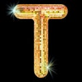 Disco font, letter T from golden glitter mirror facets. 3D rendering