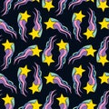 1970 disco hippie groovy shooting stars on dark. Falling stars with rainbow wavy tail doodle seamless pattern